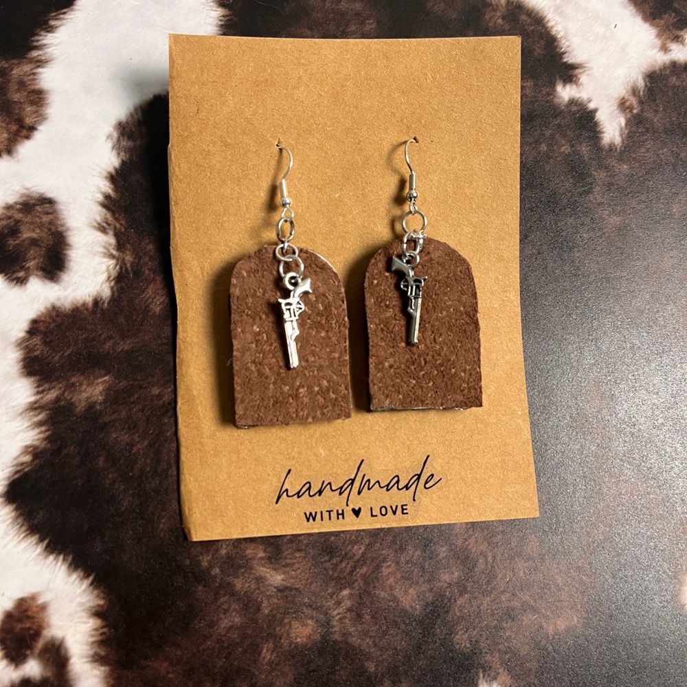 Brown & Silver Guns N Leather Earrings
